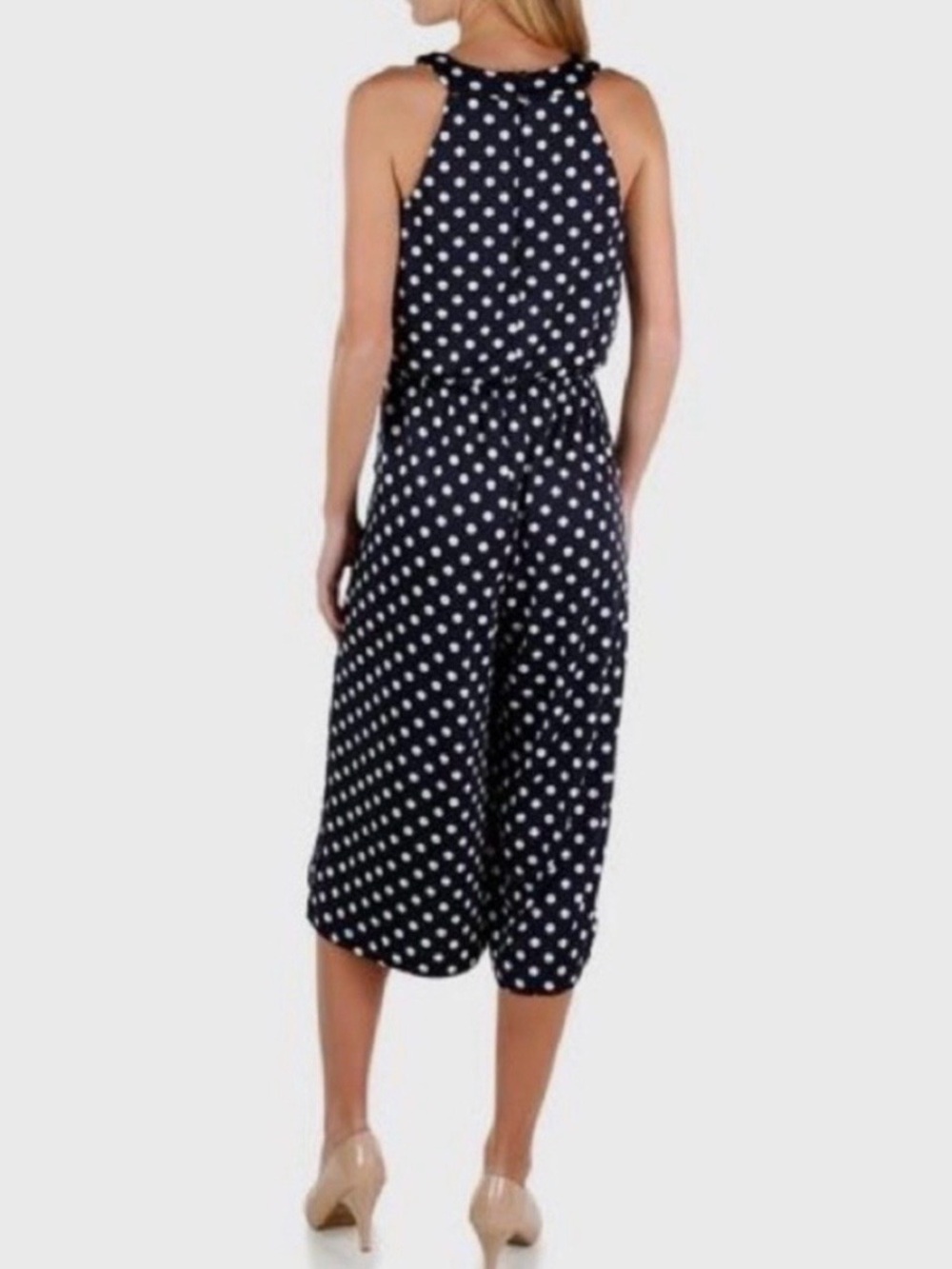 Emma & Michele Dark Navy Polka Dot Halter Wide Leg Cropped Romper Sz PM - Picture 2 of 14